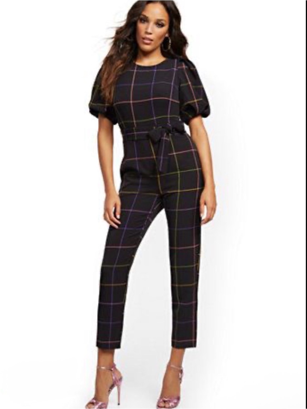 New York & Company Black Plaid Jumpsuit with Puff Sleeves and Tie Belt